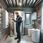 Engineer inspects heat pump and floor heating manifold in a new norwegian home