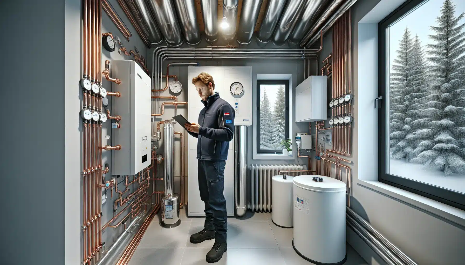 Engineer inspects heat pump and floor heating manifold in a new norwegian home