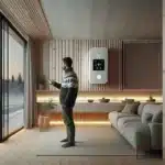 Homeowner adjusts heat pump app indoor unit and snowy outdoor unit visible