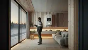 Homeowner adjusts heat pump app indoor unit and snowy outdoor unit visible