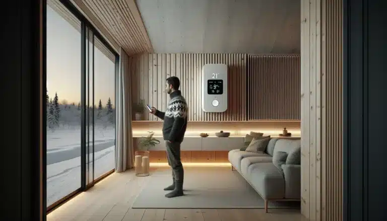 Homeowner adjusts heat pump app indoor unit and snowy outdoor unit visible