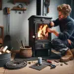Homeowner checks flue thermometer and air vent on upgraded wood stove