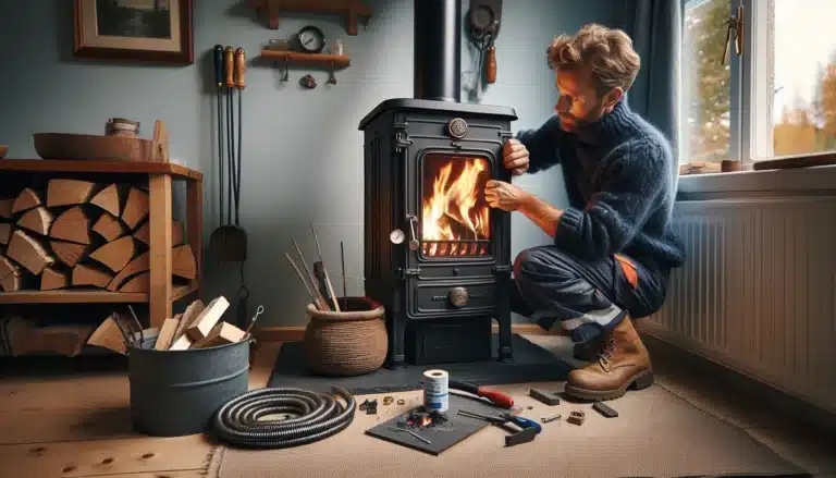 Homeowner checks flue thermometer and air vent on upgraded wood stove