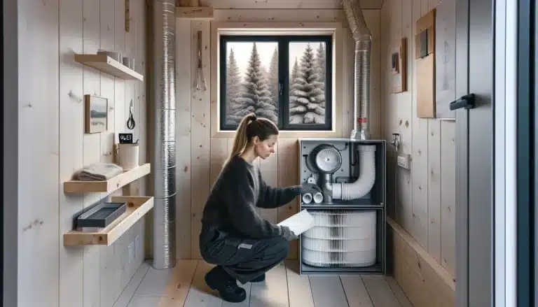 Homeowner maintaining hrv with graywater heat exchanger on a norwegian winter day