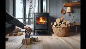 Measuring birch firewood moisture beside a modern stove in a norwegian home