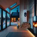 Norwegian home showing heat pump solar panels and clean wood stove on winter evening