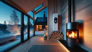 Norwegian home showing heat pump solar panels and clean wood stove on winter evening