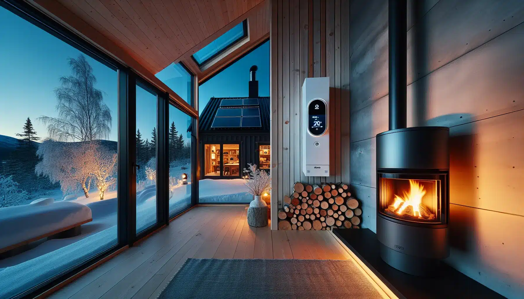 Norwegian home showing heat pump solar panels and clean wood stove on winter evening