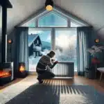 Norwegian homeowner bleeding a radiator in a cozy winter living room