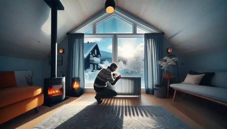 Norwegian homeowner bleeding a radiator in a cozy winter living room