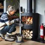 Norwegian homeowner prepping wood stove for winter with tools and safety gear