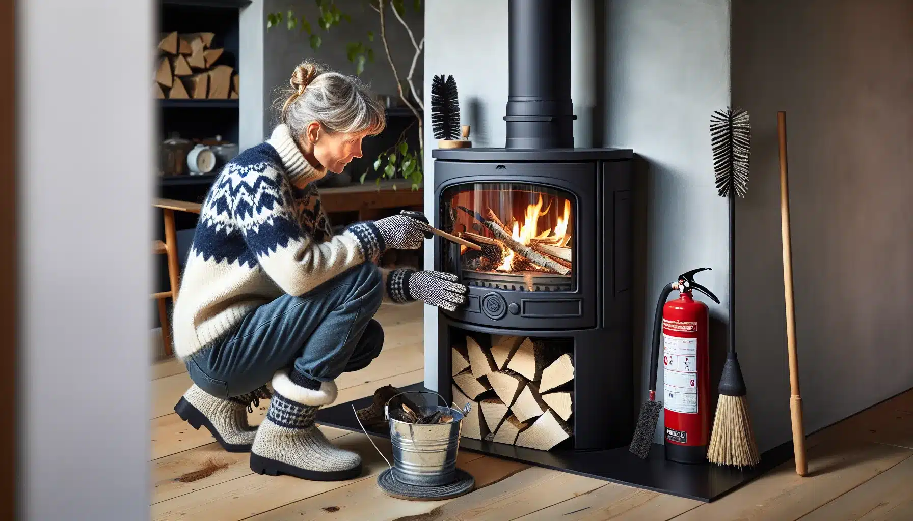 Norwegian homeowner prepping wood stove for winter with tools and safety gear