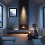 Norwegian living room airing while bioethanol fireplace burns hygrometer shows safe humidity