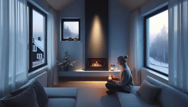 Norwegian living room airing while bioethanol fireplace burns hygrometer shows safe humidity