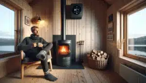 Hvordan skape en koselig atmosfære med bærekraftige oppvarmingsløsninger 6 Norwegian living room with heat pump and clean burning stove creating cozy warmth