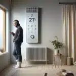 Norwegian living room with smart panel heaters and phone app lowering energy costs