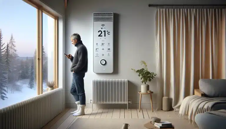 Norwegian living room with smart panel heaters and phone app lowering energy costs