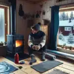 Person by wood stove insulating a window in a norwegian winter home