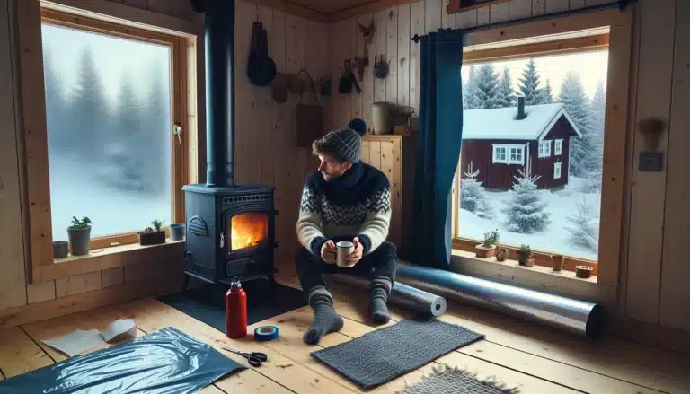 Person by wood stove insulating a window in a norwegian winter home