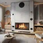 Scandinavian norwegian living room with efficient closed fireplace and wood niche