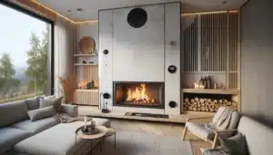 Scandinavian norwegian living room with efficient closed fireplace and wood niche
