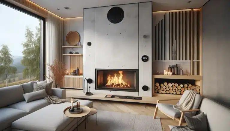 Scandinavian norwegian living room with efficient closed fireplace and wood niche
