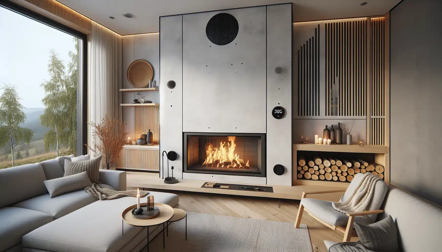 Scandinavian norwegian living room with efficient closed fireplace and wood niche