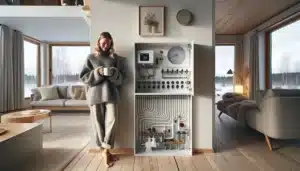 Woman enjoying warm hydronic floor in norwegian home on a snowy morning