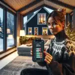Woman uses phone to control smart heating in a snowy norwegian living room