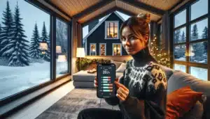 Woman uses phone to control smart heating in a snowy norwegian living room