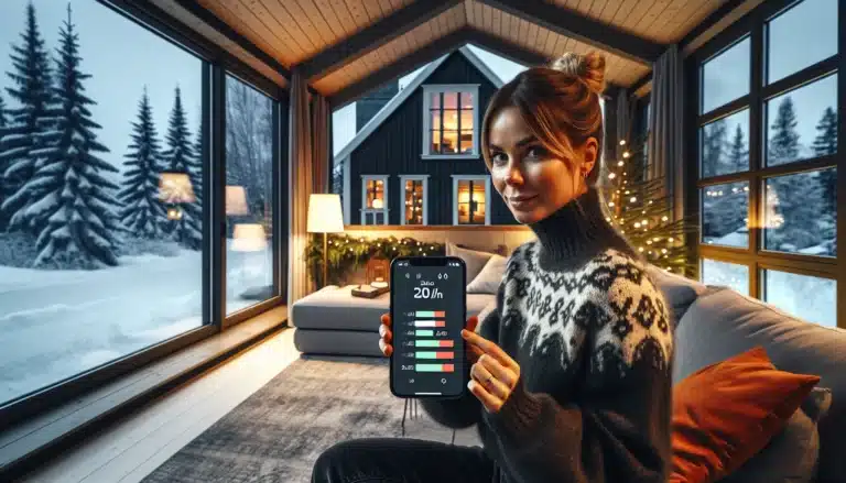 Woman uses phone to control smart heating in a snowy norwegian living room