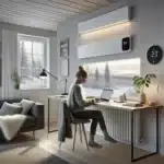 Woman working under a ceiling infrared panel in a snowy norwegian home