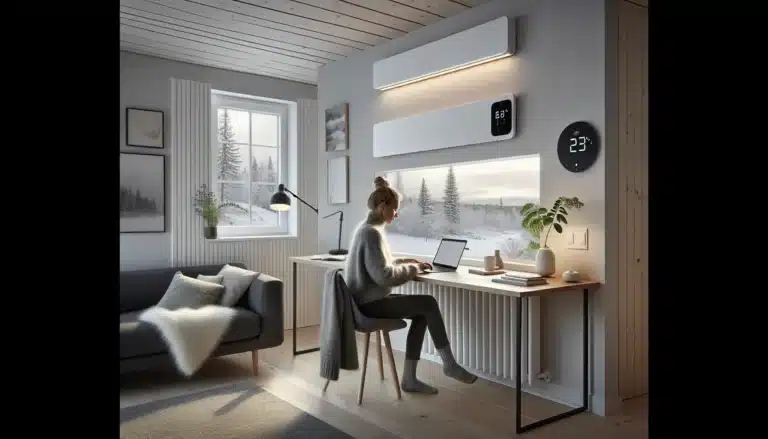Woman working under a ceiling infrared panel in a snowy norwegian home