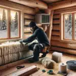 Worker fitting insulation in norwegian cabin snow outside triple glazed window