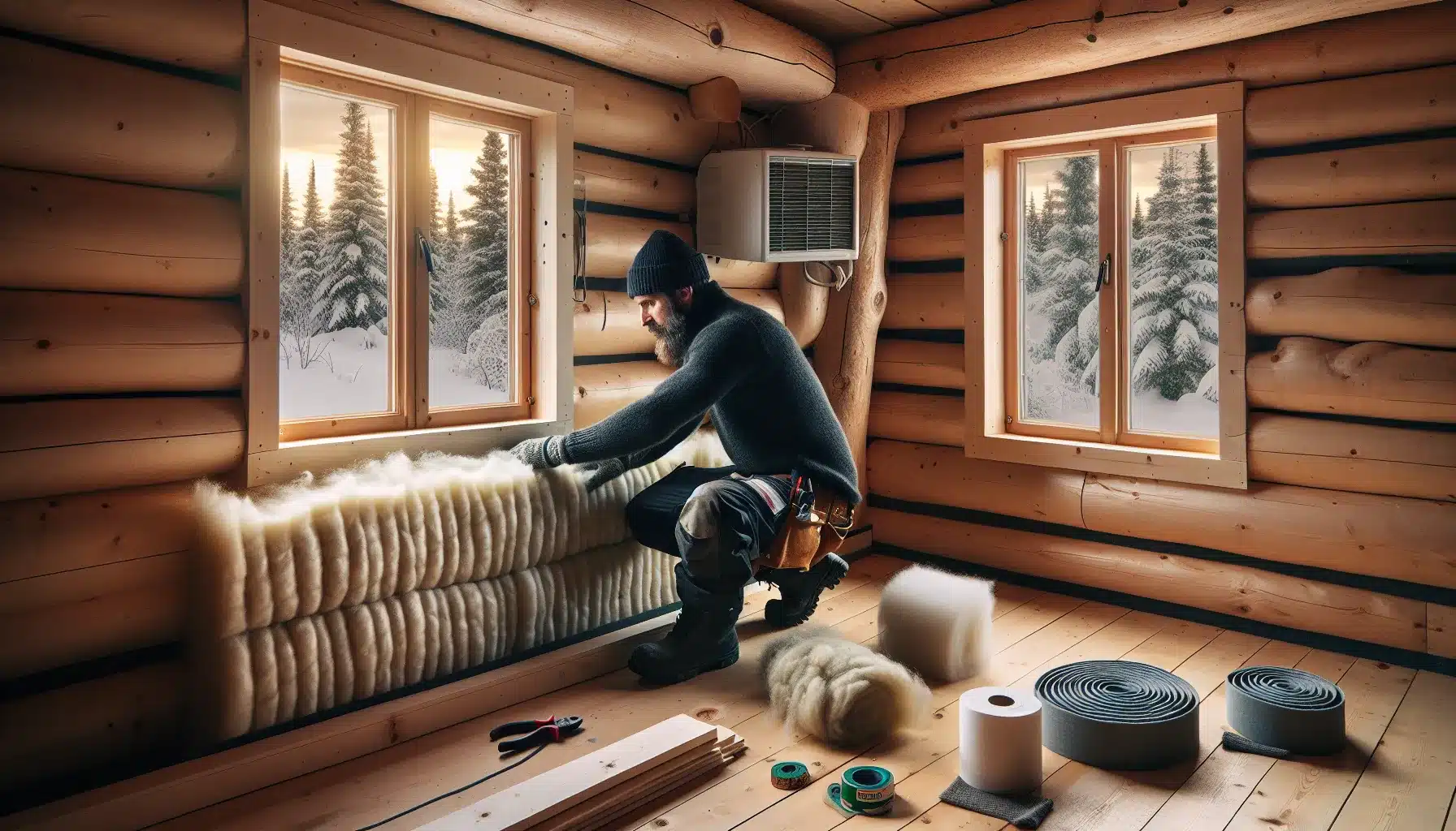 Worker fitting insulation in norwegian cabin snow outside triple glazed window